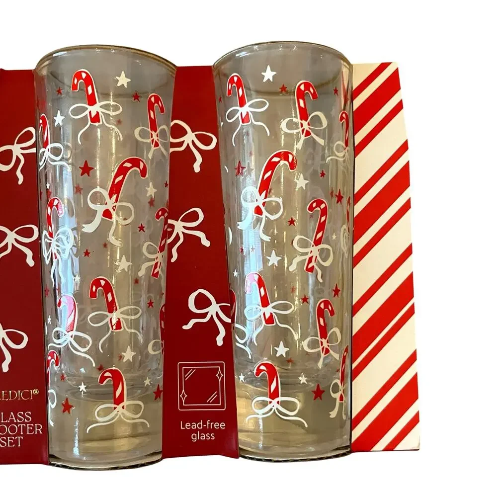Christmas Candy Canes & Bows Shot Glasses Set of 4 Chic Holiday Barware New